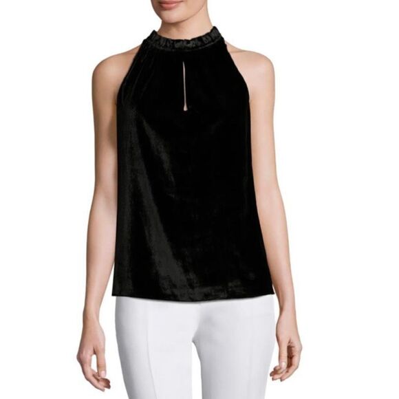 RAMY BROOK Miranda Velvet Sleeveless Top, Black Ruffle Tie Neck Women’s Size XS - Picture 1 of 12